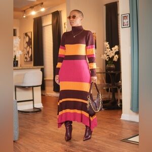 Striped Rib-Knit Long Sleeve Midi Dress - Pink, Orange & Burgundy